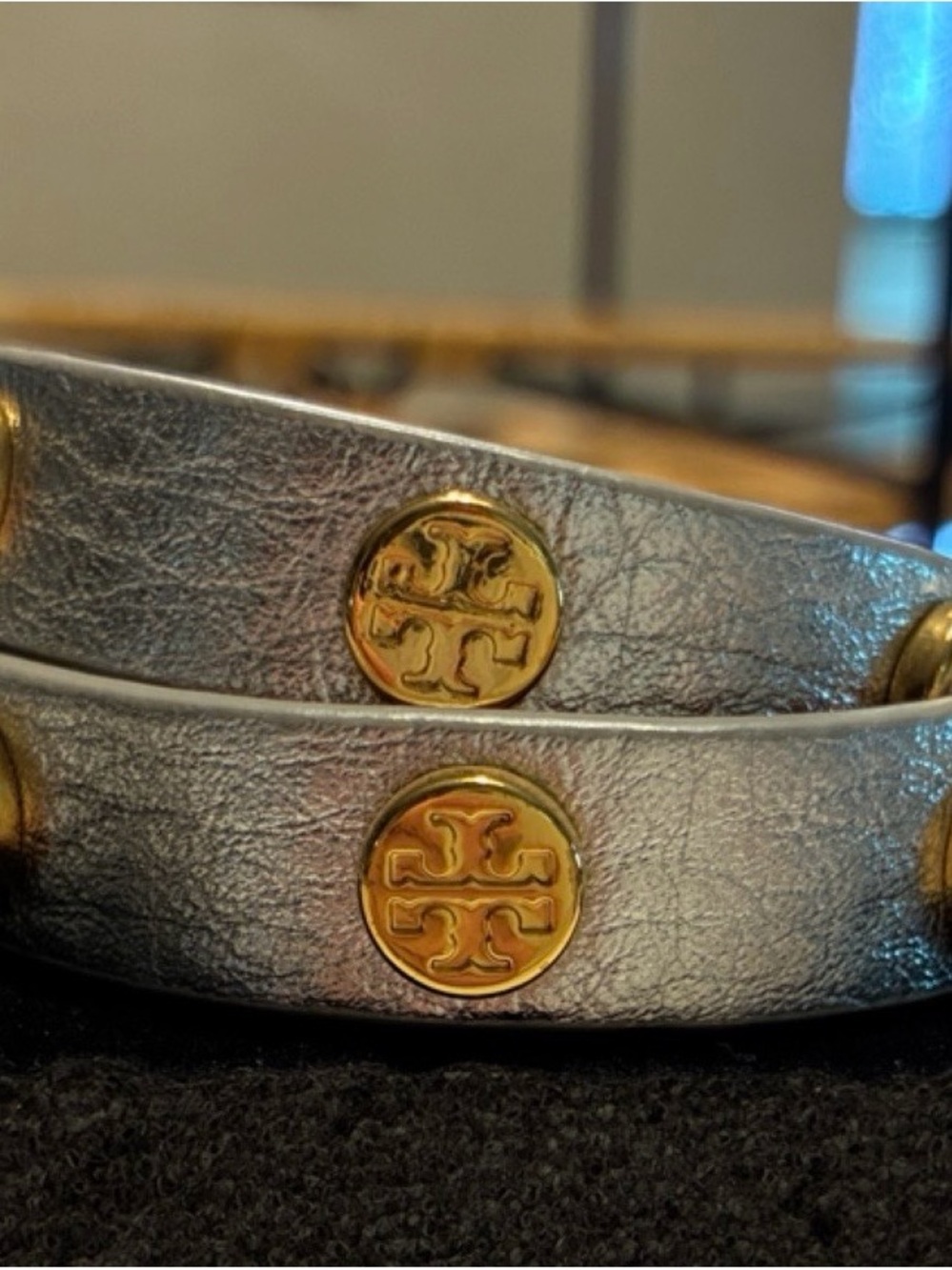 Tory Burch Metallic Silver Leather Wrap Bracelet with Gold Logo Studs
